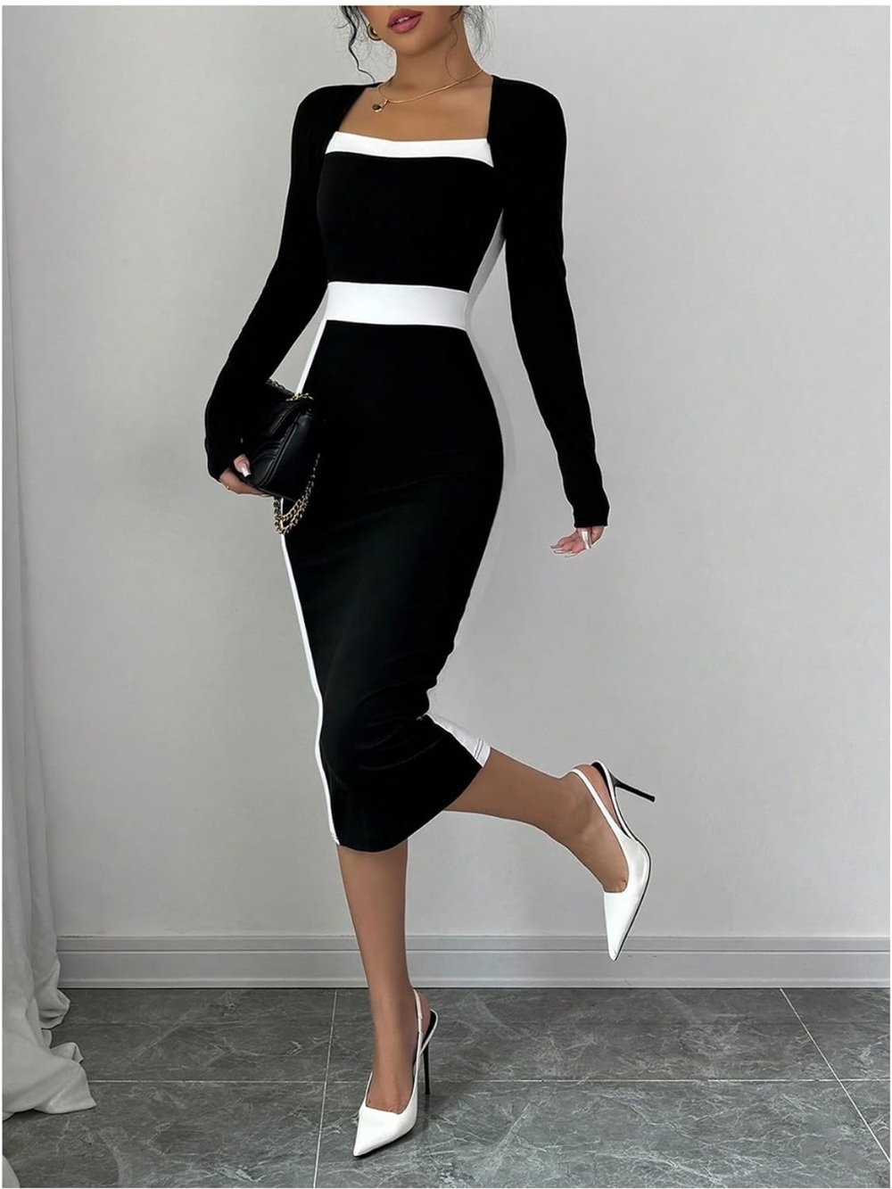 Chic Black & White Contrast Square-Neck Midi Dress